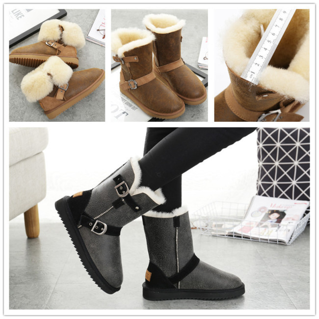 New Sheepskin and Wool Integrated Snow Boots for Men and Women, Mid length Belt Buckle Boots, Genuine Leather, Wool, Large