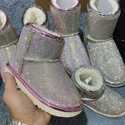 Sheepskin wool integrated rhinestone women's shoes, thickened children's wool snow boots, sequined children's shoes, warm and sparkling diamond girls' boots