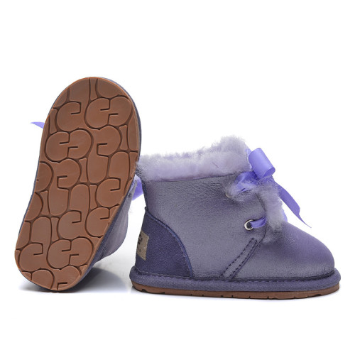 Sheepskin and fur integrated children's snow boots Women's flat bottomed children's shoes Warm baby shoes Boots Lace up bow tie Women's shoes