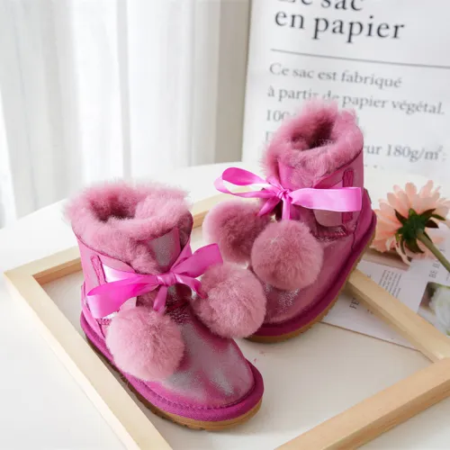 Winter New Sheepskin Wool Integrated Children's Snow Boots Flat Bottom Baby Shoes Parent-child Short Boots Wool Ball Cotton Shoes