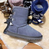 Sheepskin and fur integrated snow boots, autumn and winter women's mid length boots, ribbon and bow tie women's shoes