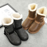 New Sheepskin and Wool Integrated Snow Boots for Men and Women, Mid length Belt Buckle Boots, Genuine Leather, Wool, Large