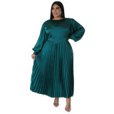 N7729 Cross border Europe and America Large Size Women's Clothing Amazon Autumn and Winter Popular Pleated Round Neck Long Dress Long Sleeve