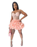 K2820 European and American Sexy Slim Fit Hot Diamond Elastic Strap Cake Skirt Fluffy Skirt