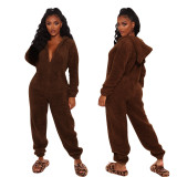Cross border new autumn and winter long sleeved hooded casual jumpsuit pants plush home wear pajamas cute jumpsuit pants