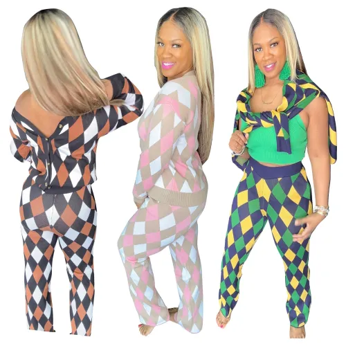 TS1283 Cross border Source New European and American Women's Casual Plaid Knitted Two Piece Set