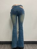 GX6298 Fashion Streetwear Unique Sexy Crossed Waist Hollow Out Pants Skinny Flared Jeans Slim Ladies Denim Jeans Pants