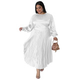 N7729 Cross border Europe and America Large Size Women's Clothing Amazon Autumn and Winter Popular Pleated Round Neck Long Dress Long Sleeve