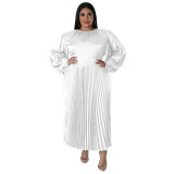 N7729 Cross border Europe and America Large Size Women's Clothing Amazon Autumn and Winter Popular Pleated Round Neck Long Dress Long Sleeve