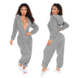 Cross border new autumn and winter long sleeved hooded casual jumpsuit pants plush home wear pajamas cute jumpsuit pants
