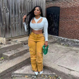 New denim overalls 2024 new solid color casual multi-pocket pants solid color straight jeans for women