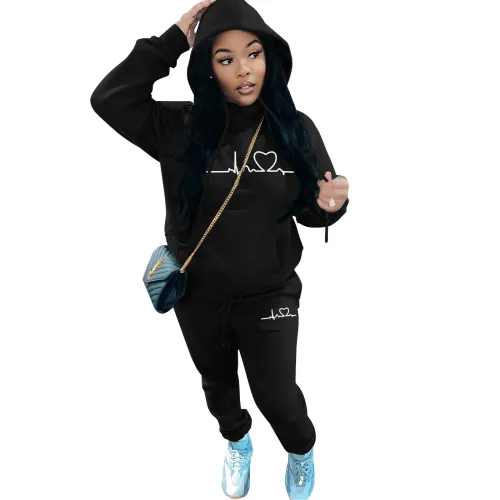 GH150 Amazon Cross border European and American Women's Fashion Casual Printing Sweater Two Piece Hoodie Sports Set