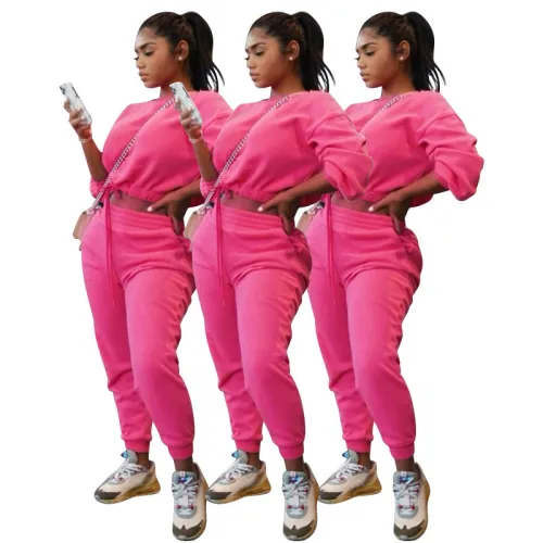 A6040 Cross border Amazon AliExpress Hot Selling European and American Fashion Women's Solid Color Waist Waist Exposed Umbilical Casual Two Piece Set
