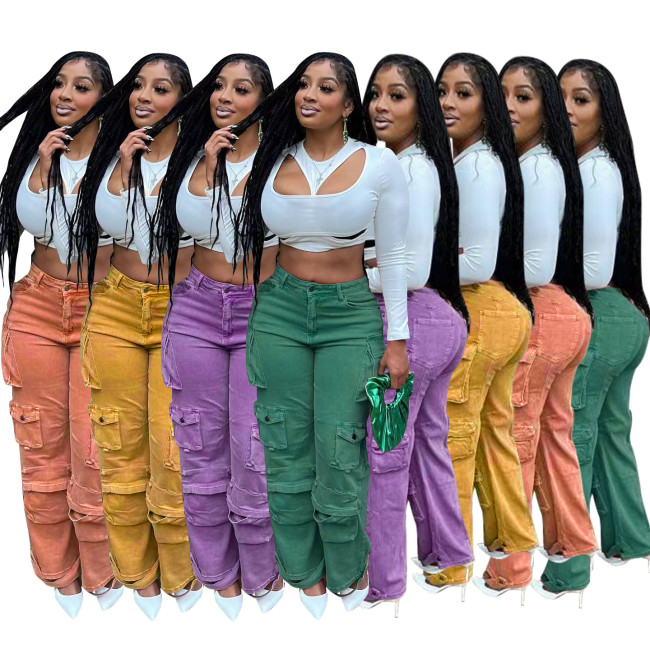 New denim workwear pants F88528 in stock, European and American Amazon casual multi bag pants, solid color straight leg jeans