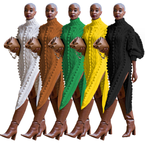 Fall Winter Clothes 2023 New Puff Long Sleeve Turtleneck Knit Split Long Dresses Women Casual Knitted Sweater Dress