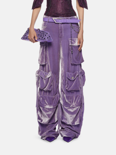 2023 Autumn New Fashion Design Sense Spliced Pocket Decoration Design Sense High Waist Velvet Pants Straight Tube Workwear Pants