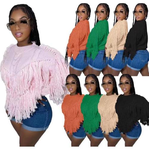 NY8131 Amazon European and American Urban Supply Autumn and Winter Versatile Knitted Hand Hook Tassel Sweater Top