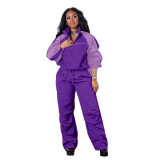 M7970 Cross border Women's Foreign Trade Standing Collar Colored Long Sleeve Autumn/Winter Pants Work Suit Windbreaker Sports Casual Two Piece Set