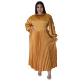 N7729 Cross border Europe and America Large Size Women's Clothing Amazon Autumn and Winter Popular Pleated Round Neck Long Dress Long Sleeve