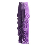 2023 Autumn New Fashion Design Sense Spliced Pocket Decoration Design Sense High Waist Velvet Pants Straight Tube Workwear Pants