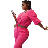 A6040 Cross border Amazon AliExpress Hot Selling European and American Fashion Women's Solid Color Waist Waist Exposed Umbilical Casual Two Piece Set