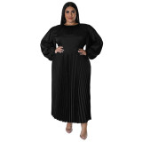 N7729 Cross border Europe and America Large Size Women's Clothing Amazon Autumn and Winter Popular Pleated Round Neck Long Dress Long Sleeve