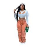 New denim workwear pants F88528 in stock, European and American Amazon casual multi bag pants, solid color straight leg jeans