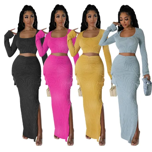 K10658 Cross border Fashion Women's Clothing from Europe and America Amazon New Pit Stripe Print Pleated Side Pocket Split Skirt Set