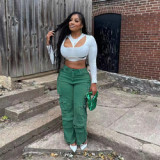 New denim overalls 2024 new solid color casual multi-pocket pants solid color straight jeans for women