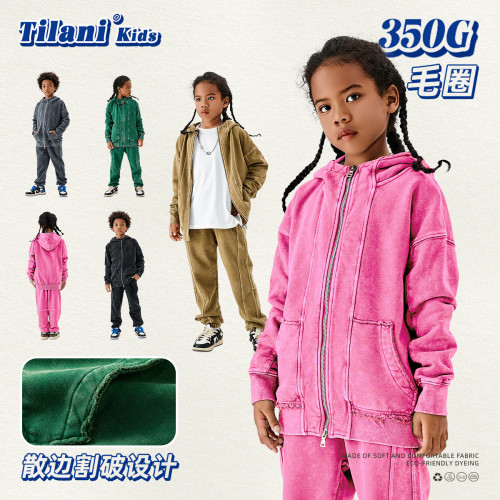 Children's wear European and American high street half high collar washed and worn-out double head zippered jacket 350G men and women's children's sweater