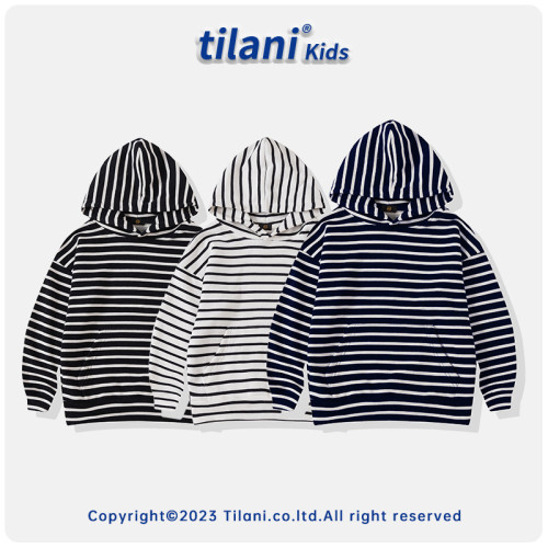 Wholesale of children's clothing, European and American trendy brands, high street basic black and white stripes, medium and large boys and girls' hooded sweaters factory