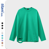 Children's clothing European and American trendy brand customized children's long sleeved T-shirt with bottom cut oversize T-shirt for large and medium-sized children