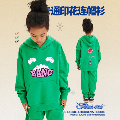 Original Design for Children's Clothing 2023 Autumn/Winter 340G Terry Cotton Cartoon Children's Fun Hooded Sweater Set