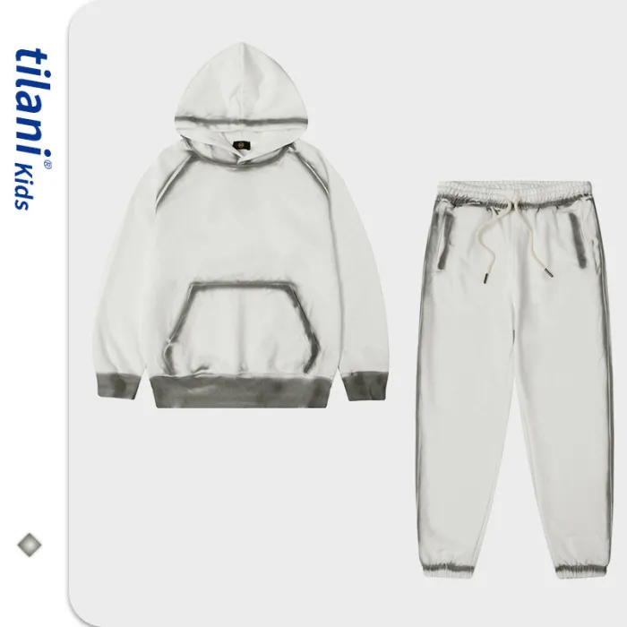Children's clothing European and American trendy brand 320G terry cotton spray bone dyeing process for boys and girls hooded sweater set