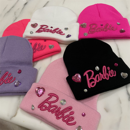 Barbie's Same Pink Gemstone Rhinestone Knitted Hat Women's All Sky Star Warm Woolen Hat Winter Ear Protection Headband Cold Hat