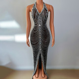 Shiny Diamonds Tassels Black Sexy Deep-V Dress Robe De Soiree Chic 2023 Prom Evening Gown Dress Elegant For Dance Party