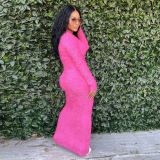 Cross border wholesale of women's clothing, casual round neck, long sleeved fur dress, medium length dress, women's multi-color