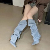 Spot~Willow nail buckle splicing two pairs of thin high heels denim pleated pile up boots, female personality spicy girl fashion long boots