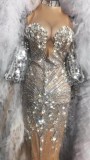 Sexy Flashing Silver Rhinestones Sparkly Dress Women's Birthday Prom Celebrate Outfit Bar Evening Women Dancer Dress