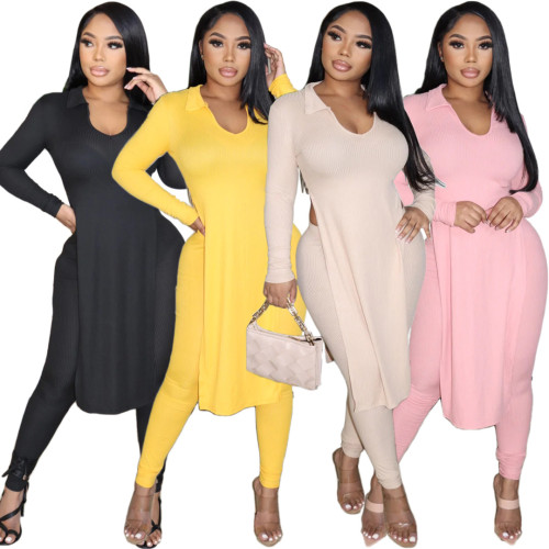 Cross border European and American women's clothing Amazon long sleeved ribbed solid color lapel split dress casual two-piece set
