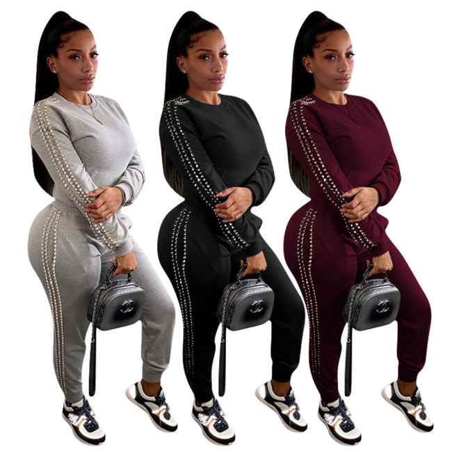 European and American New Casual Set Stock Autumn and Winter Nail Beads Fashion Round Neck Long Sleeve Pants Set Two Piece Set