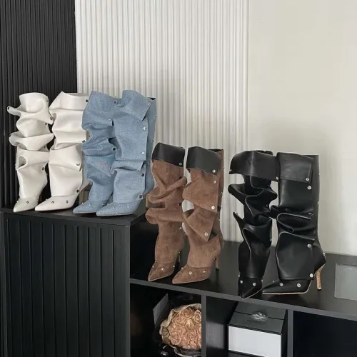 2023 Willow Pin Buckle Splice Two Wear Thin High Heels Denim Pleated Stacked Boots Female Personality Spicy Girl Fashion Long Boots