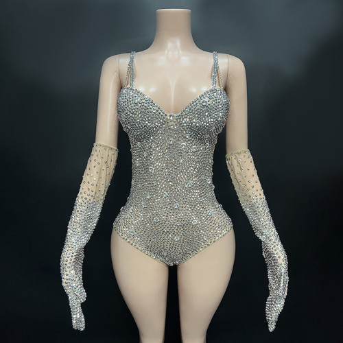 Novance Y1738-K  Club Bodysuits Silver Crystal Bodysuit Costume Hot Sexy Bodysuit For Women Tummy Control Shapewear