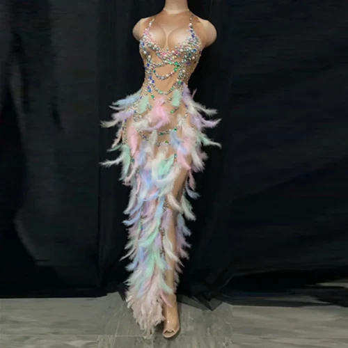 Gala Rhinestone Dress Party Sexy 2023 Sleeveless Performance Wear High Slit Fringe Velvet Feather Prom Dress