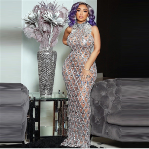 Fashionable Luxury Rhinestone Hanging Off Shoulder Perspective Dress 14 Color Plus Size High Quality Party Evening Dresses