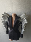 Sexy Black Long Sleeve Crystal Ruffles Jacket Suit Evening Prom Coat Dancer Stage Performance Blazers Women Club Party Blazer