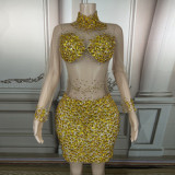Shiny Rhinestone Stitching Party Dress Women Tight Skirt Dress