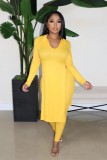Cross border European and American women's clothing Amazon long sleeved ribbed solid color lapel split dress casual two-piece set