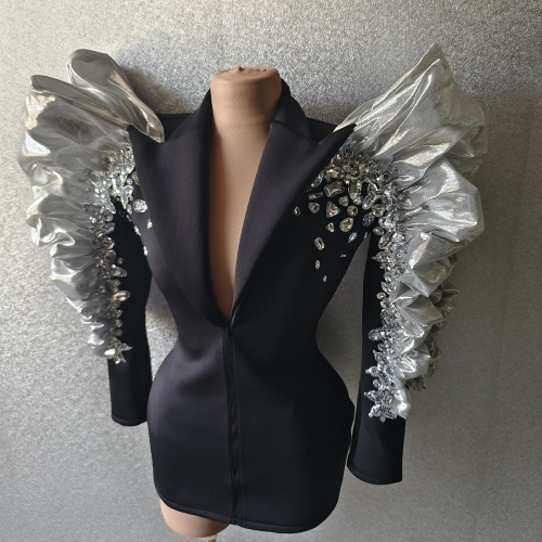 Sexy Black Long Sleeve Crystal Ruffles Jacket Suit Evening Prom Coat Dancer Stage Performance Blazers Women Club Party Blazer