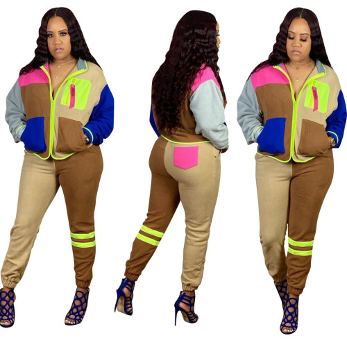 Amazon WISH Hot Selling New Women's Multi Pocket Contrast Panel Casual Sports Sweater Set